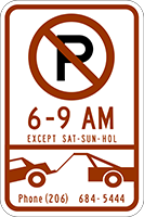 Sign with a large P with a line through it, times below and a car being towed