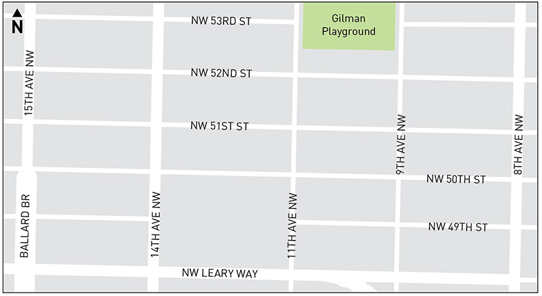 A map showing 15th Ave NW, 14th Ave NW, 11th Ave NW, 9th Ave NW, 8th Ave NW, and crossed by NW Leary Way, NW 53rd St