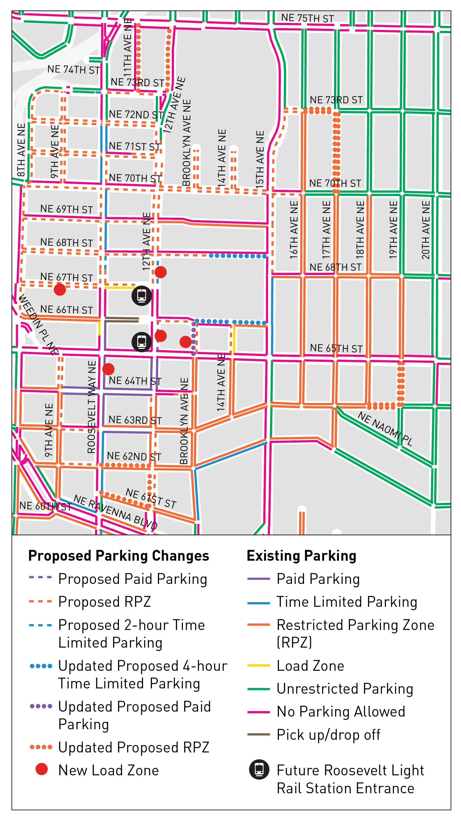 Map of curbspace changes to Roosevelt Station Area