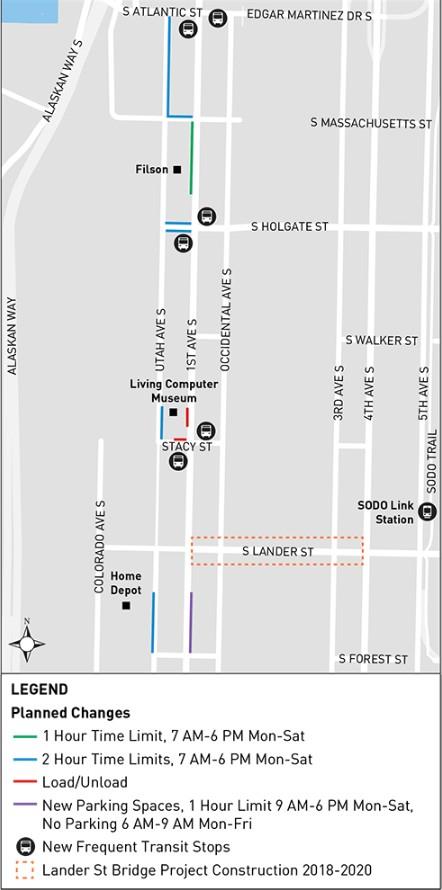 Map of 2018 parking changes in SODO