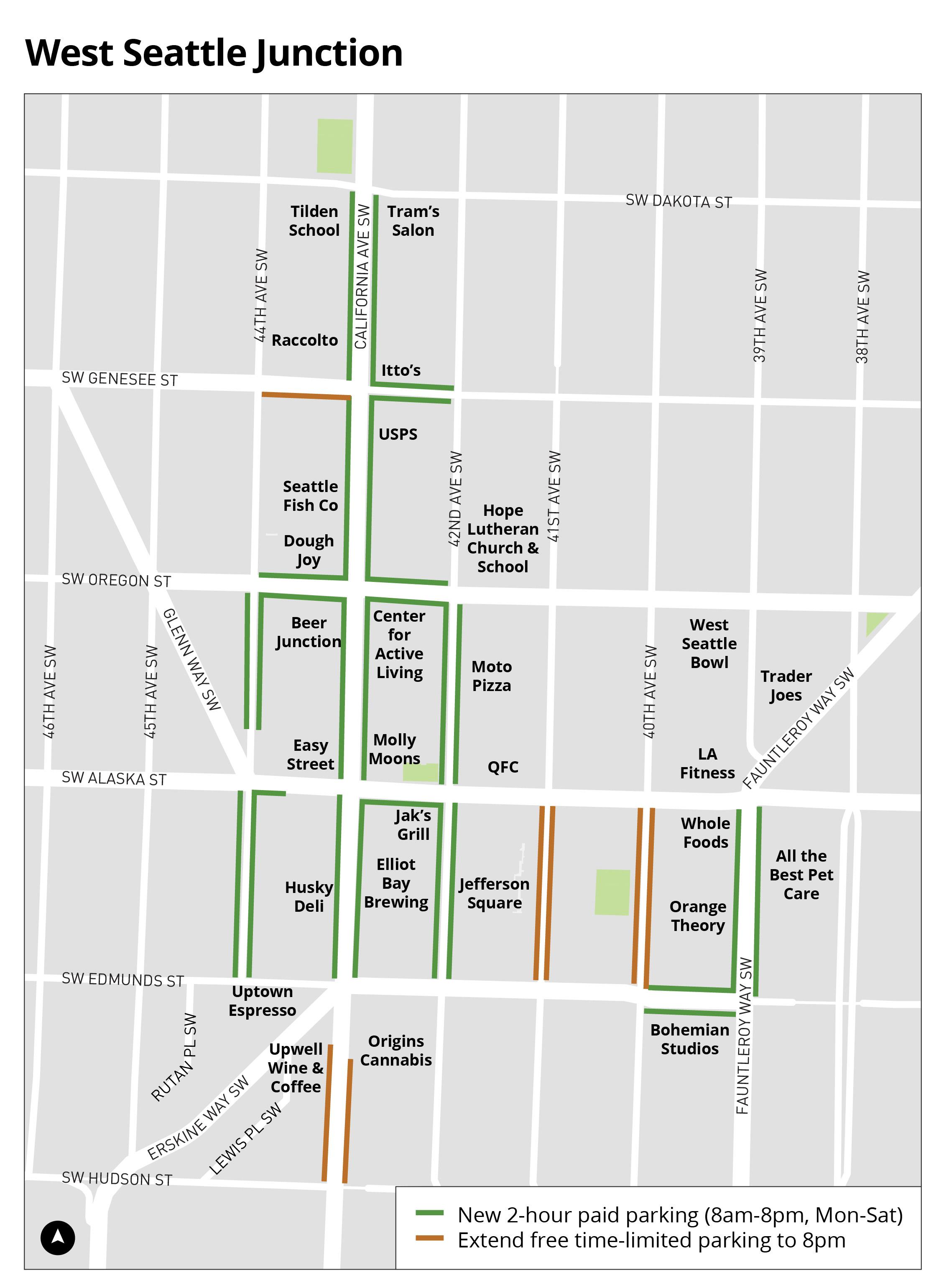 Map of West Seattle Junction area showing recommended changes, including paid parking along California Ave SW and nearby streets