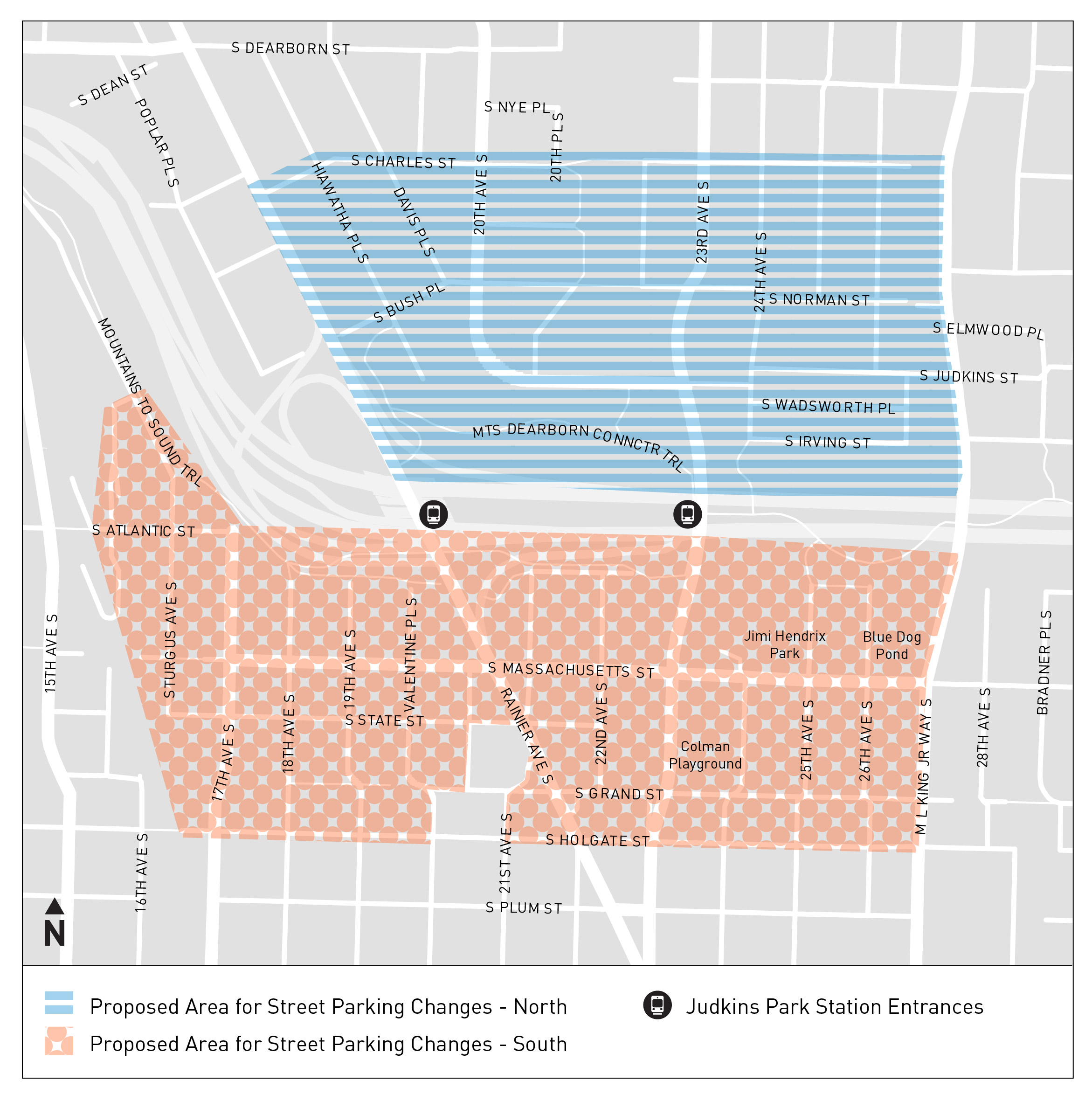 Map depicting two proposed areas for changes to street parking around the future Judkins Park Light Rail Station: one area north of I-90 and one area south of I-90.
