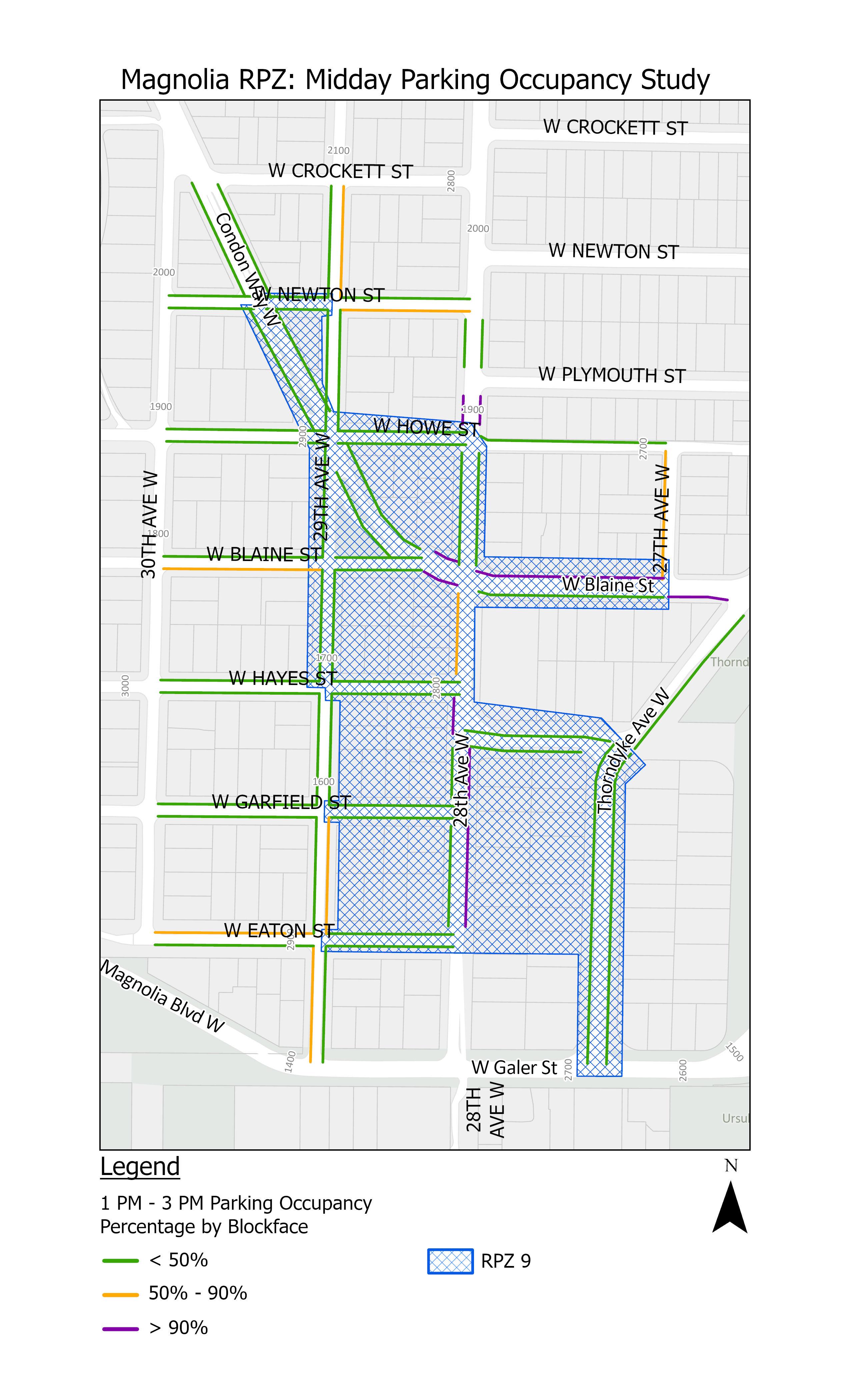 map showing parking occupancy by blockface in the Magnolia RPZ 9 study area during midday hours of 1 PM - 3 PM