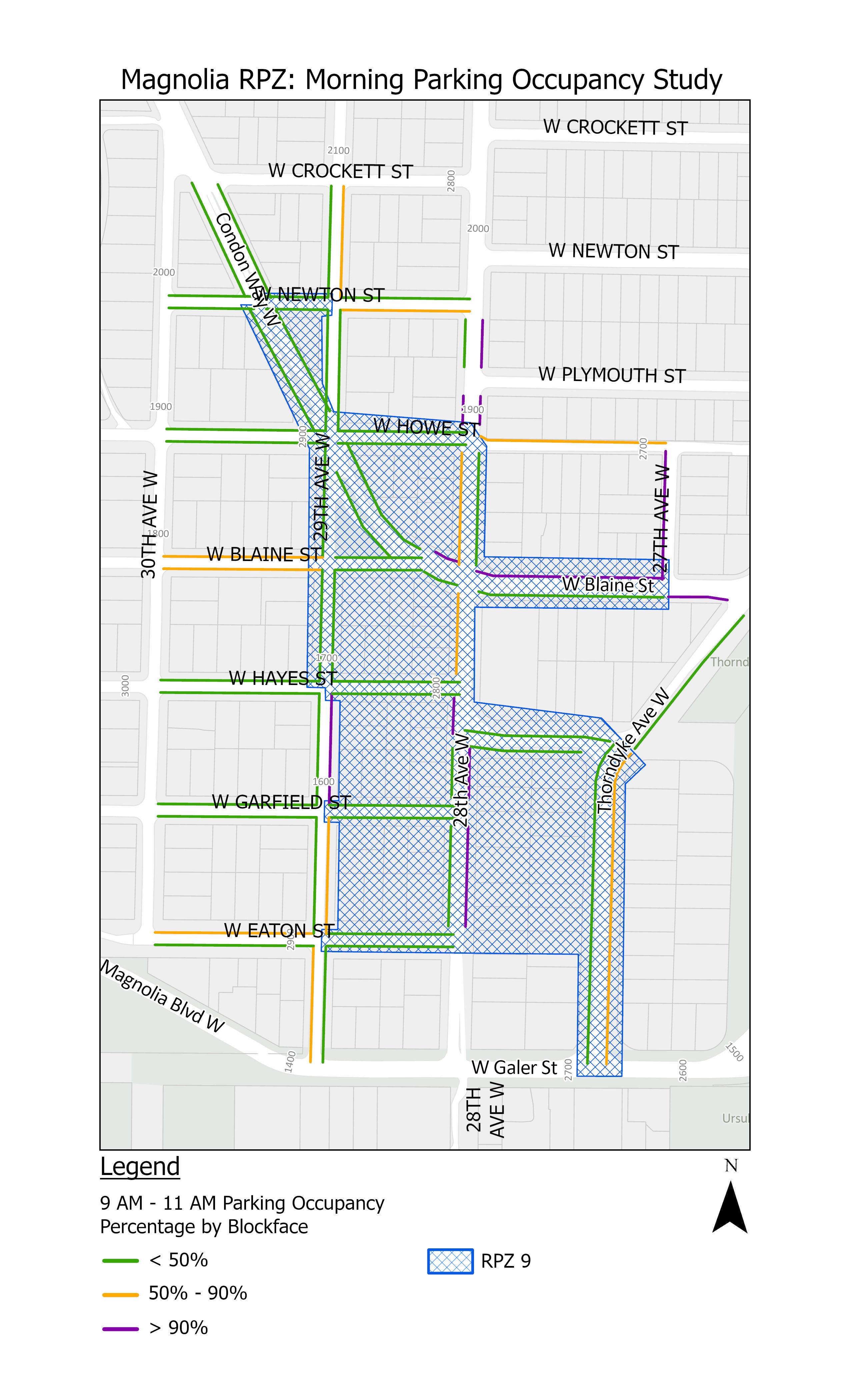 map showing parking occupancy in the Magnolia RPZ 9 study area during the morning hours 9 AM - 11AM