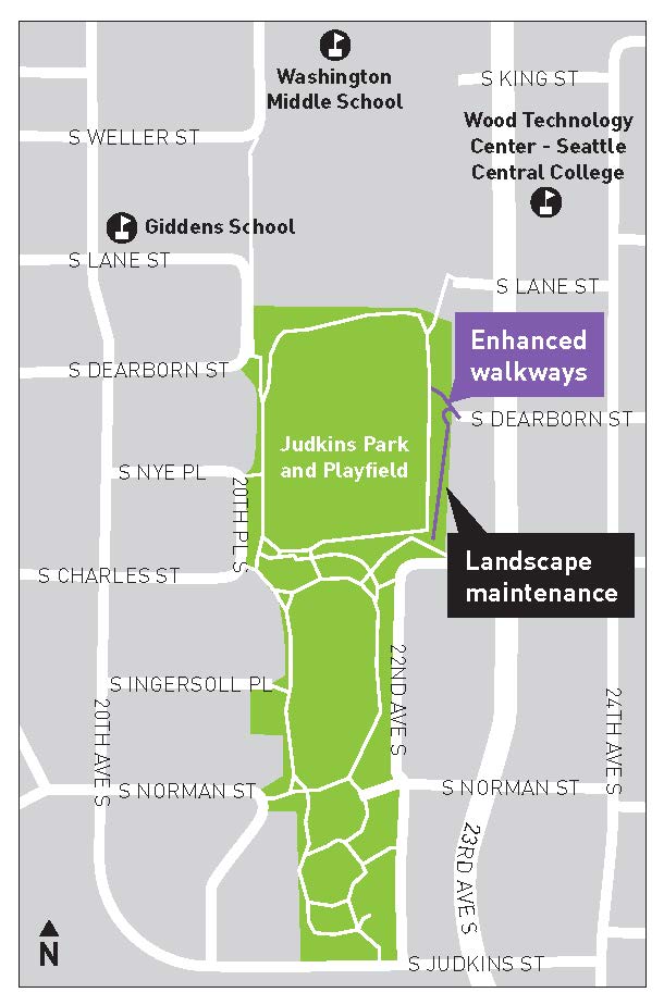 An aerial map depicting the Judkins park playfield and the internal walkways within the park. Newly enhanced walkways and landscape maintenance upgrades to the park, are shown on it's eastern side connecting this entrance to south dearborn street.