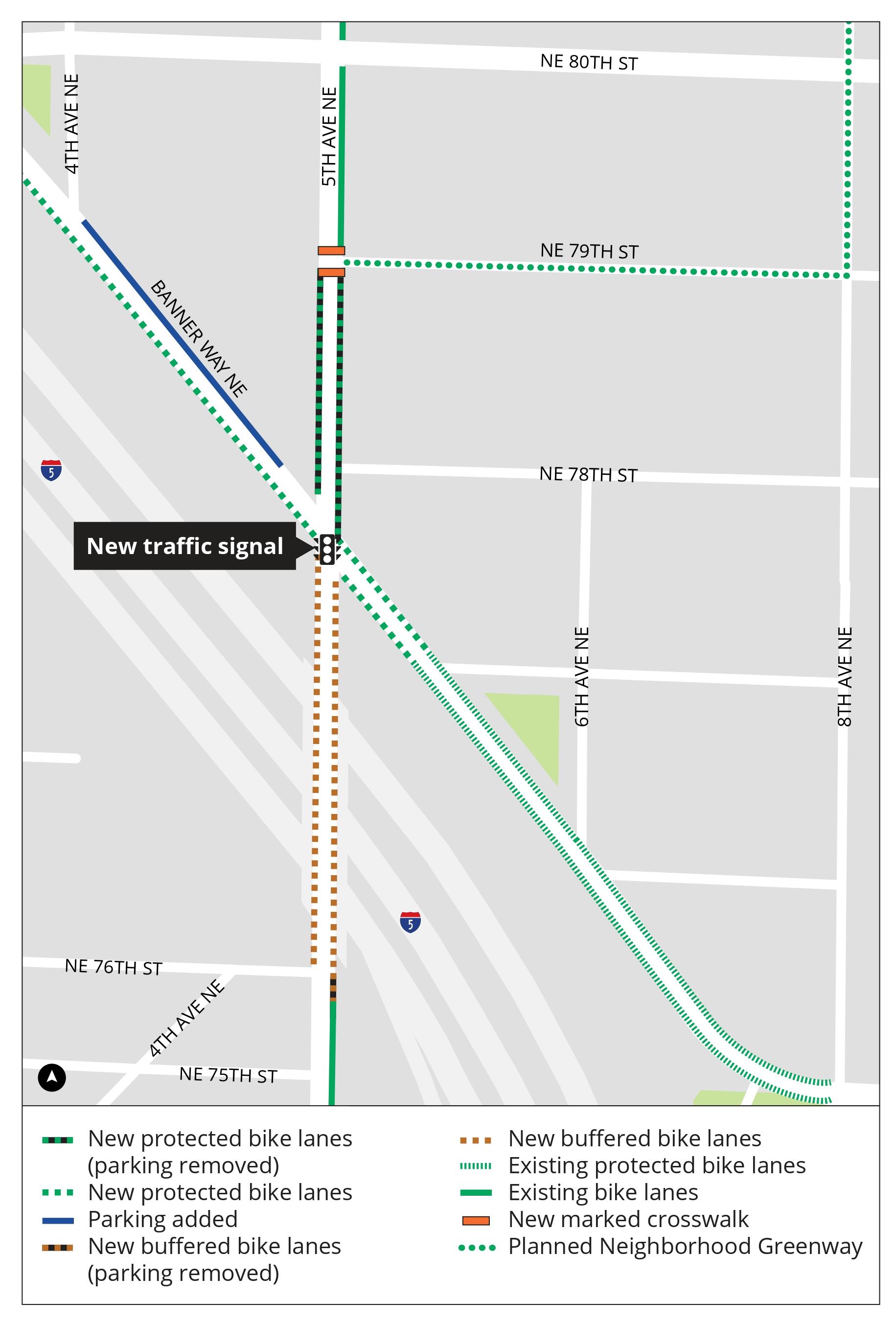 Graphic shows location of new and existing bike lanes, parking removed and added, and planned neighborhood greenway.