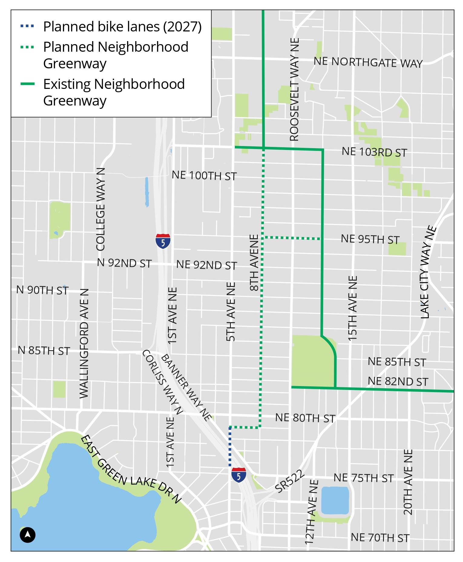 Map shows bike lane connections to planned and existing neighborhood greenways.