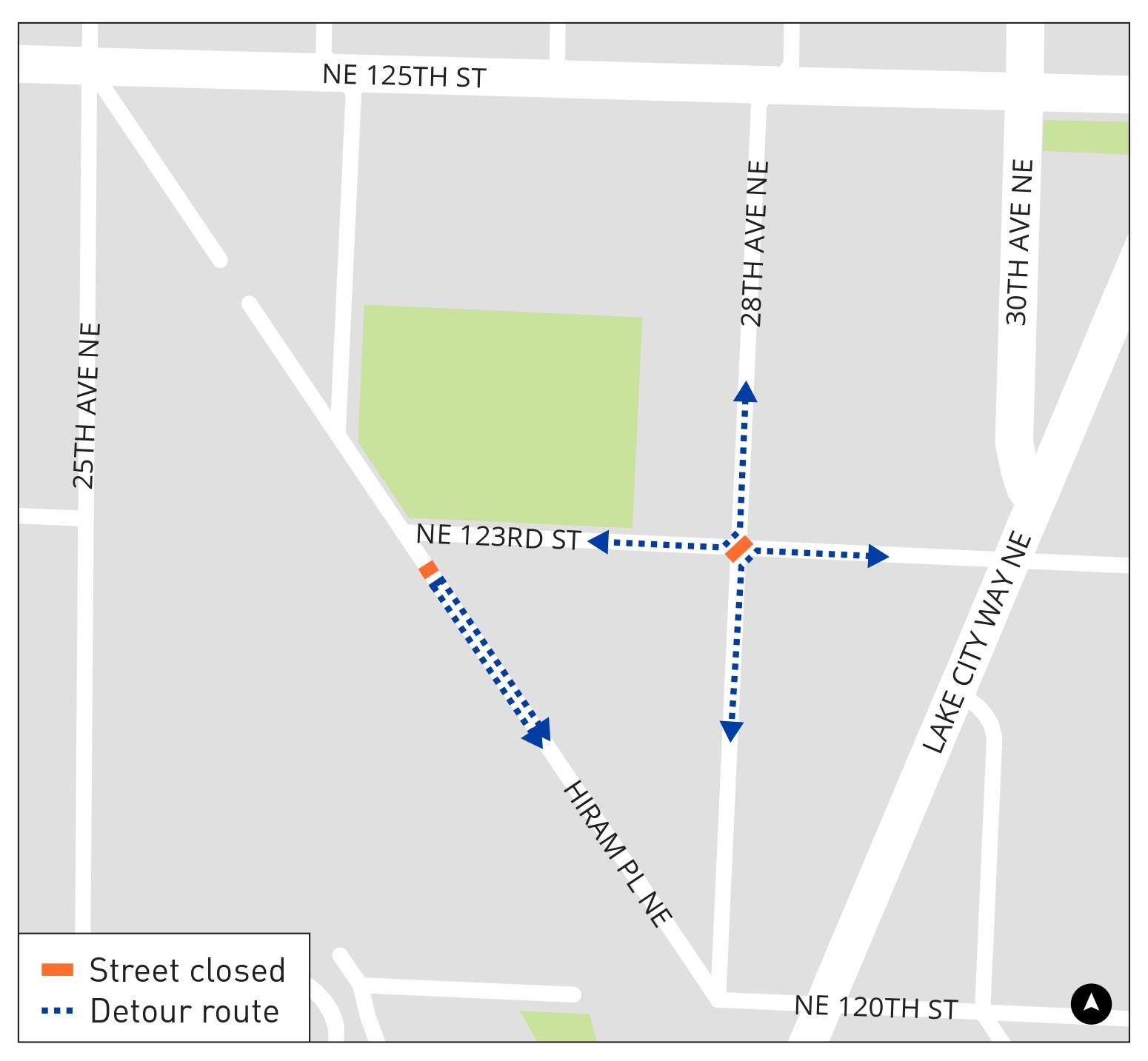 Diverters stop through traffic at NE 123rd St and 28th Ave NE&nbsp;and NE 123rd St and Hiram Pl NE.