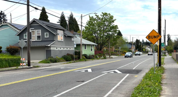 Speed cushions on a neighborhood street with a painted bike lane.