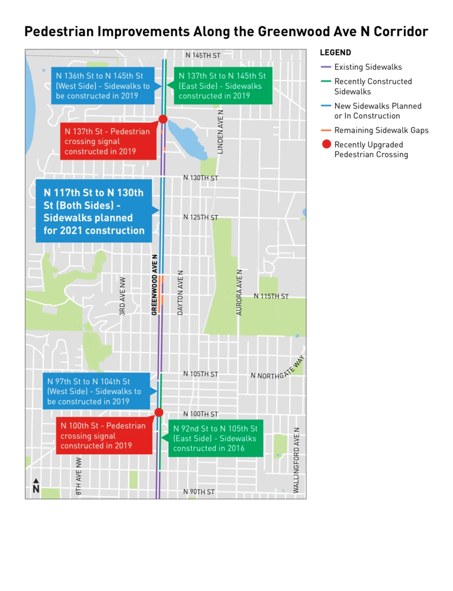 Map of pedestrian improvements along Greenwood Ave