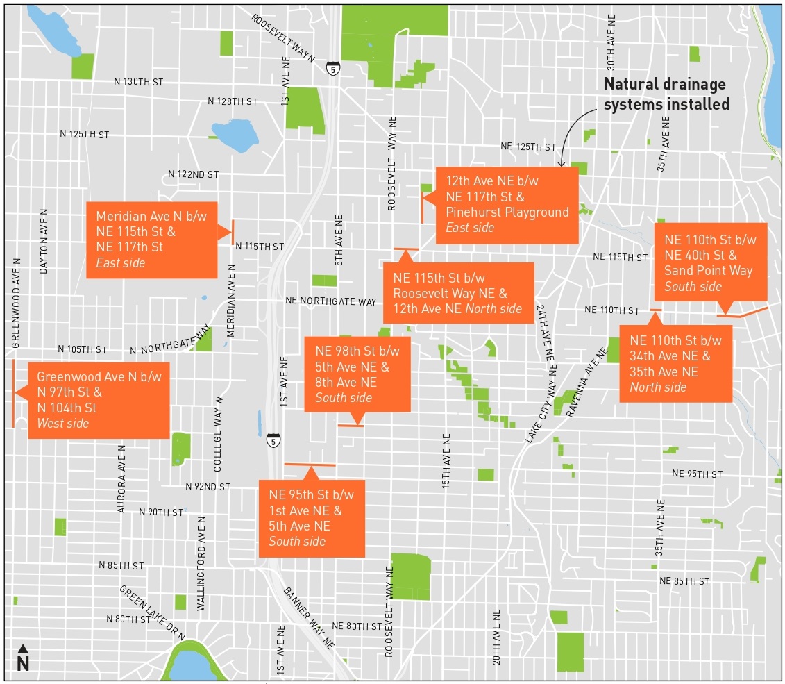 Map showing all 8 project sites throughout north Seattle.