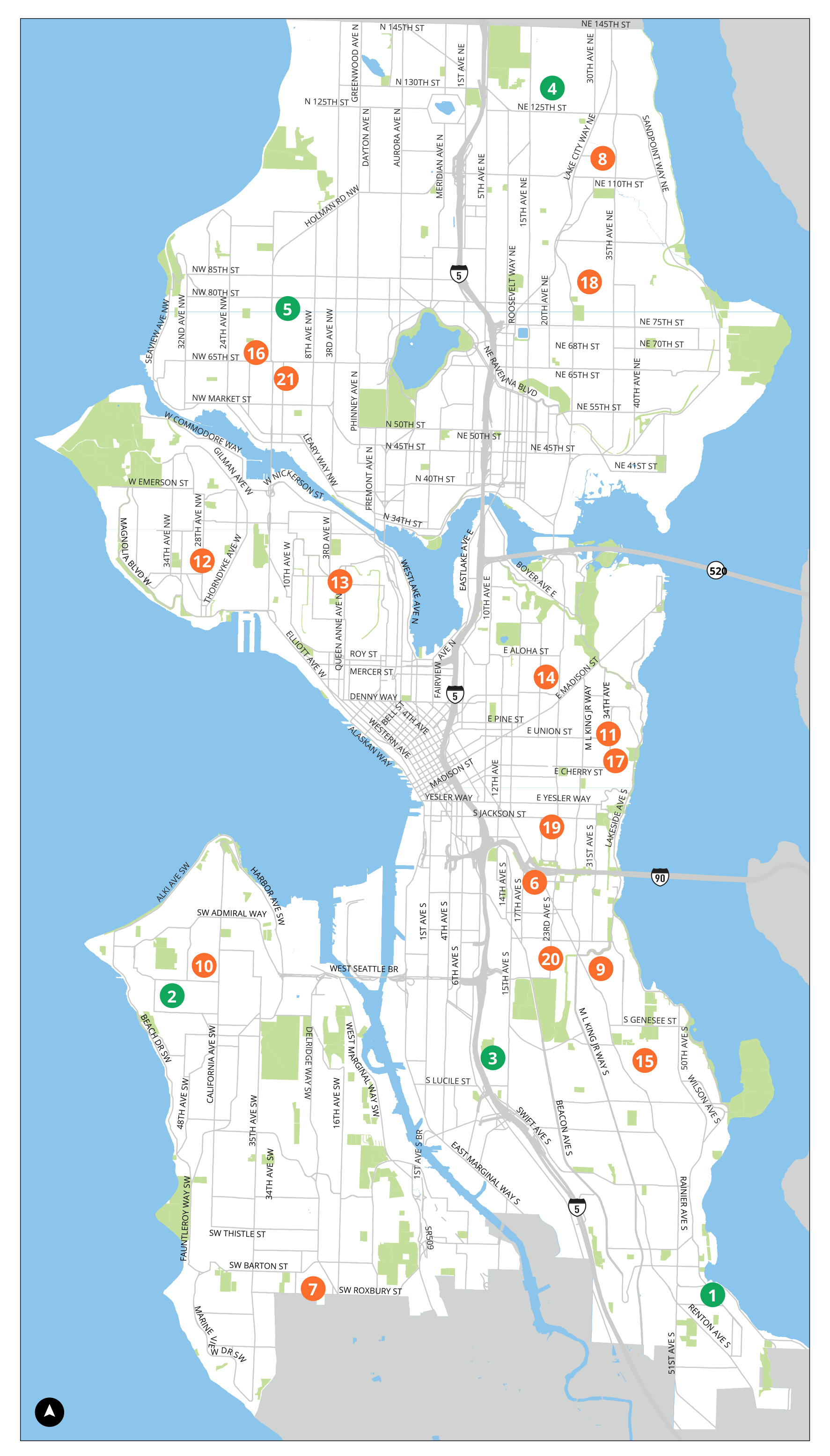 Map of Seattle showing dots labeled 1-21 for each School Street.
