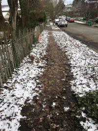 Sidewalk covered with snow and leaf debris 
