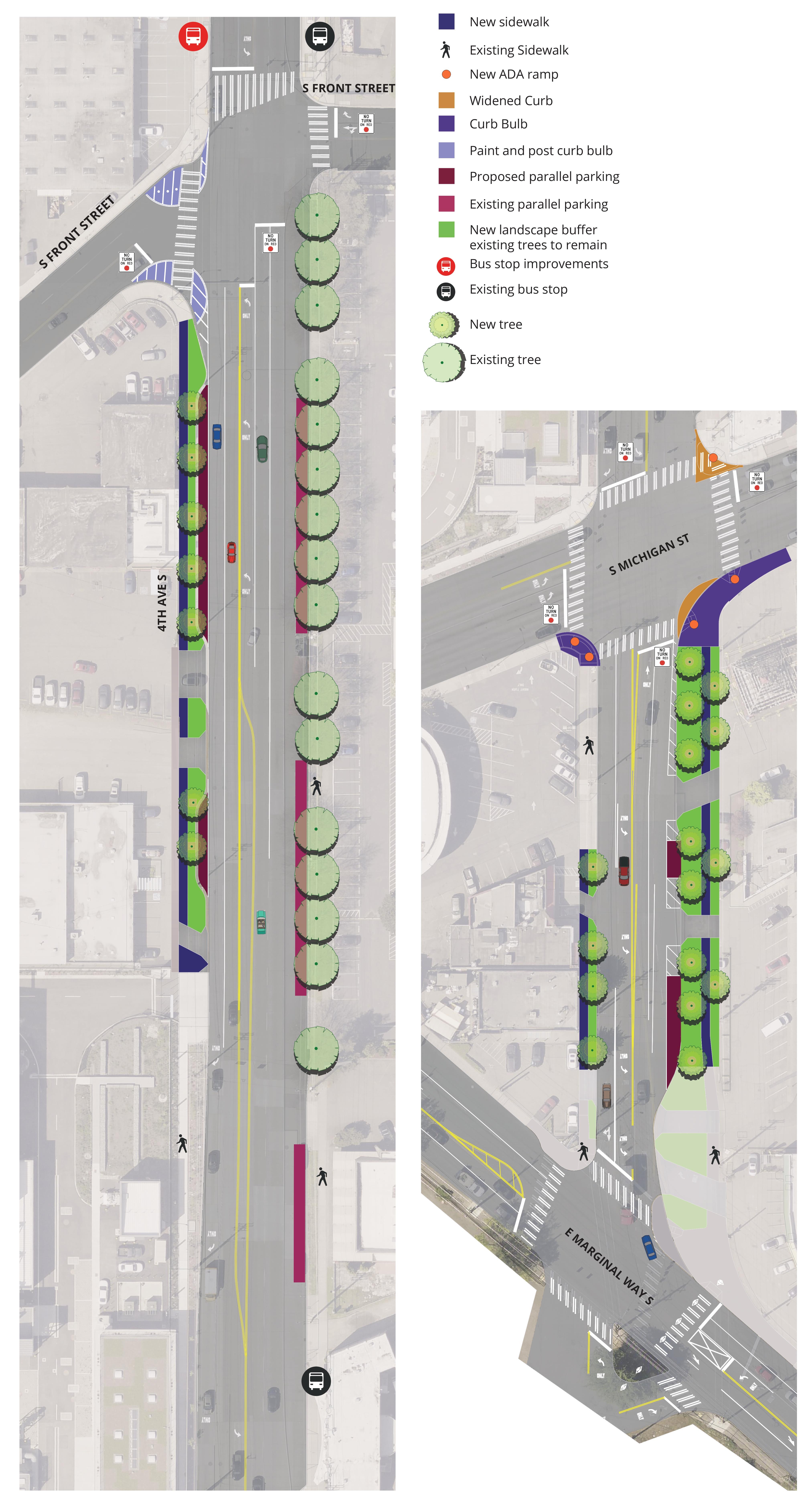 At scale graphic for the 4th Ave S Sidewalk project showing new sidewalks, landscaping, and parallel parking