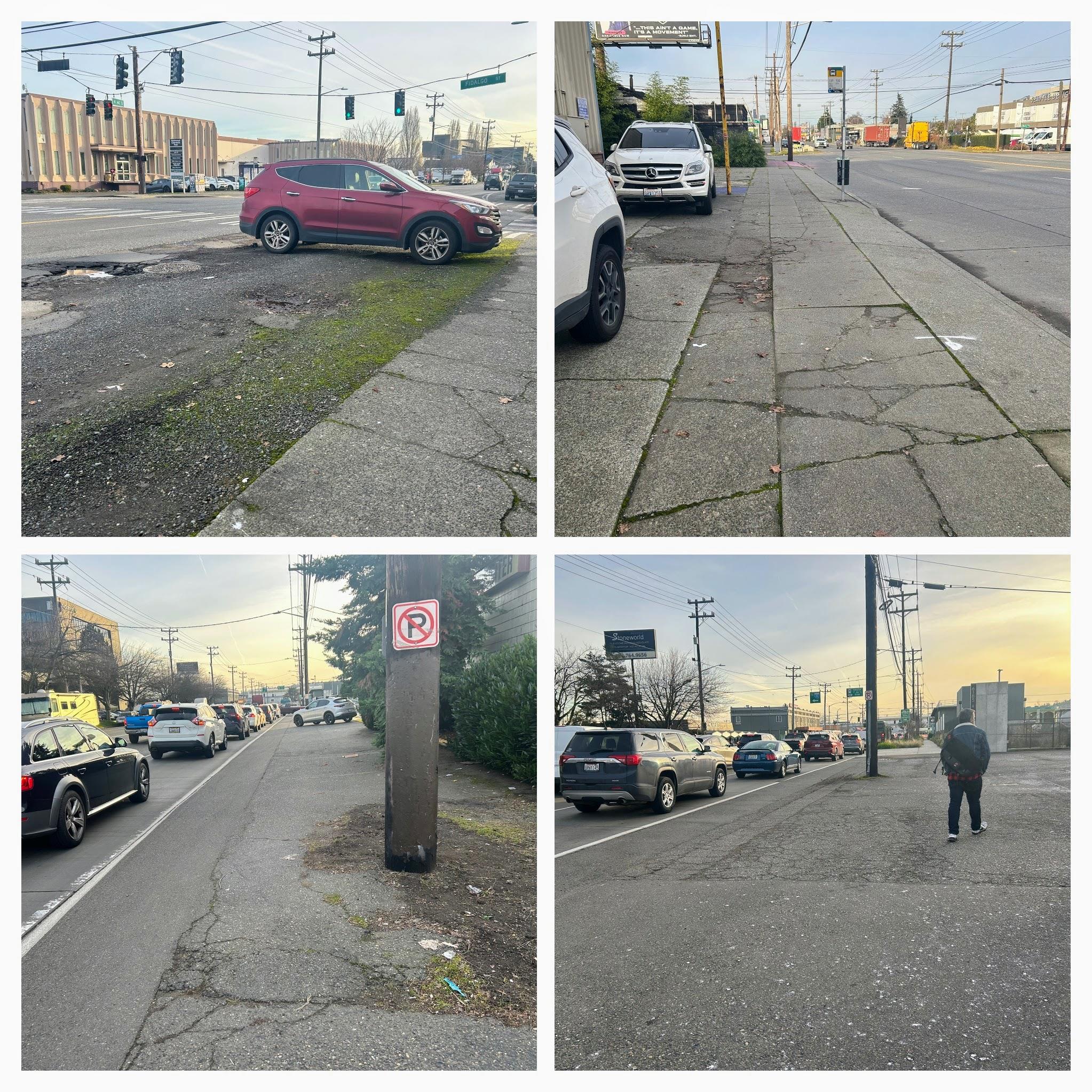 Four photos show sidewalk and street conditions along 4th Ave S in the Georgetown neighborhood. The images depict cracked and uneven sidewalks, cars parked along narrow shoulders, and limited pedestrian space near traffic.