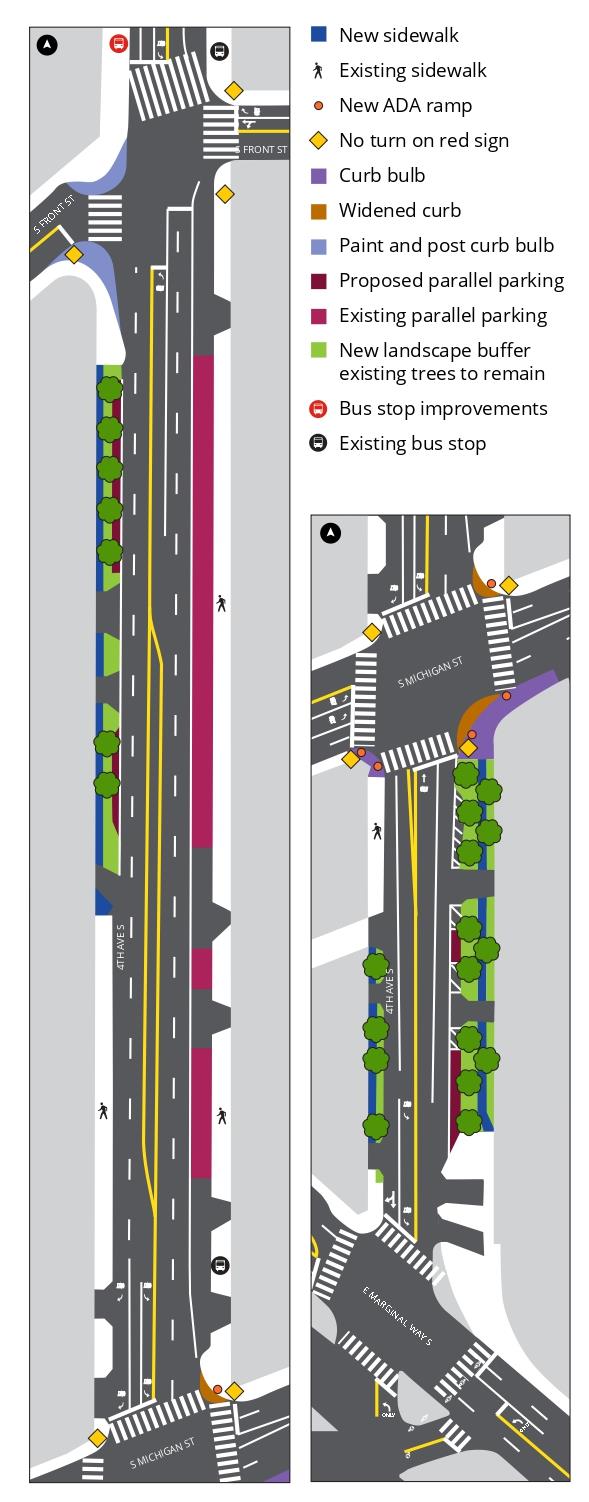 Diagram showing new sidewalks, landscaping, and parallel parking on 4th Ave S between E Marginal Way S and S Front St