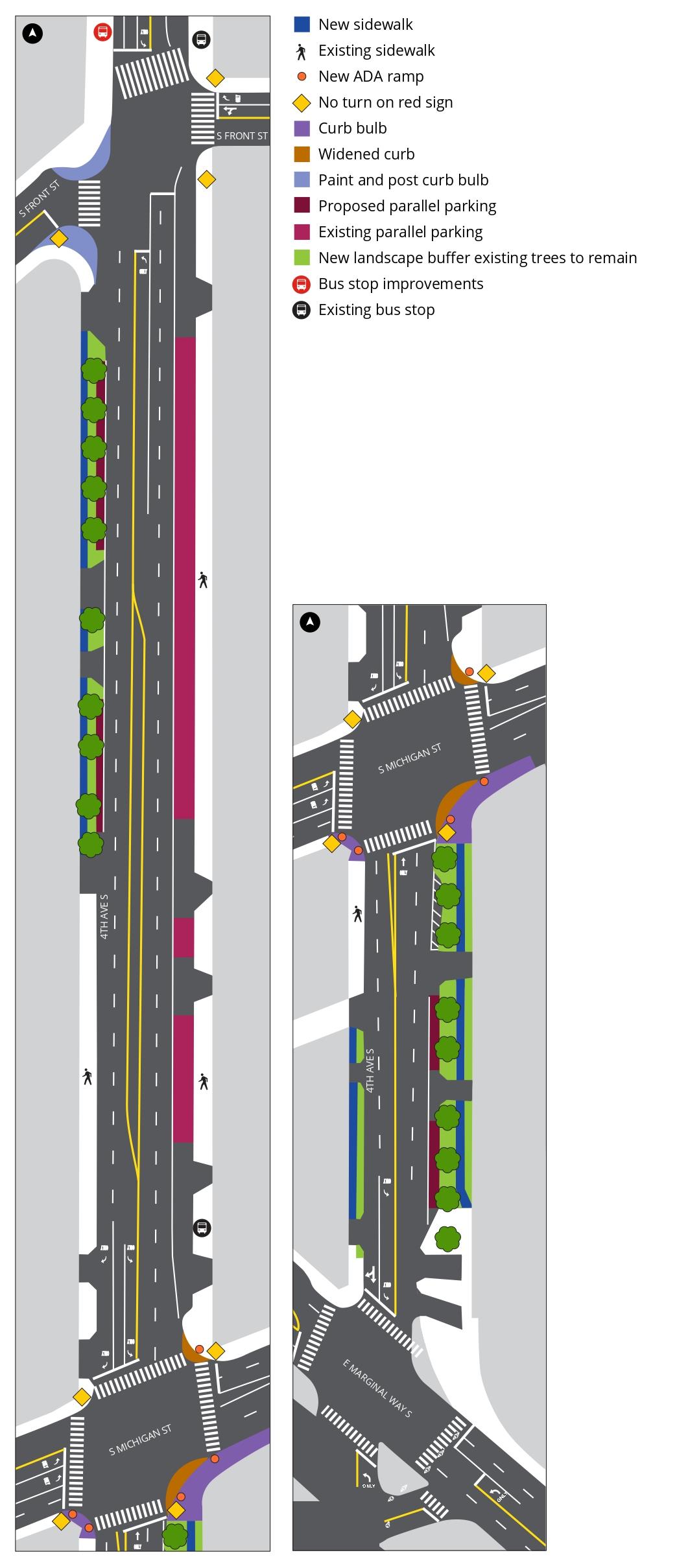 New sidewalks, curb bulbs, new landscape buffer, and bus stop improvements on 4th Ave S between S Front St and East Marginal Way S.