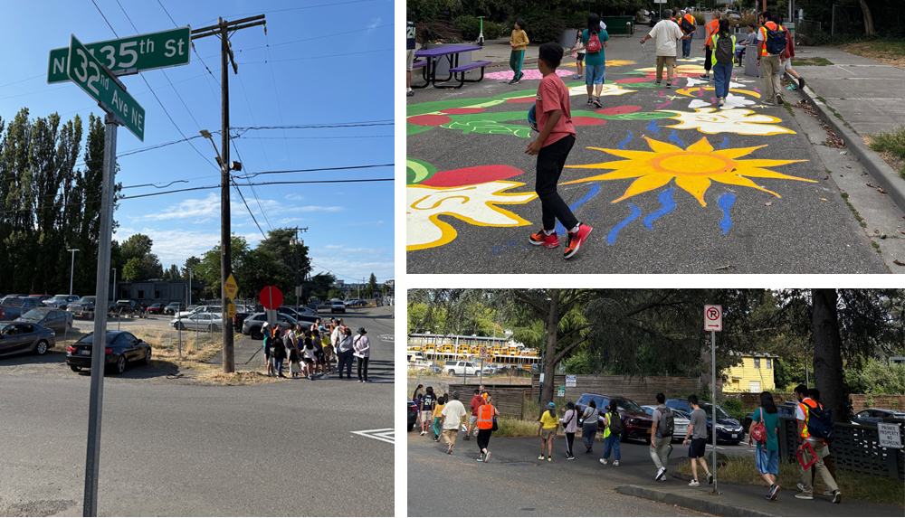 A collage of people walking in the Little Brook area