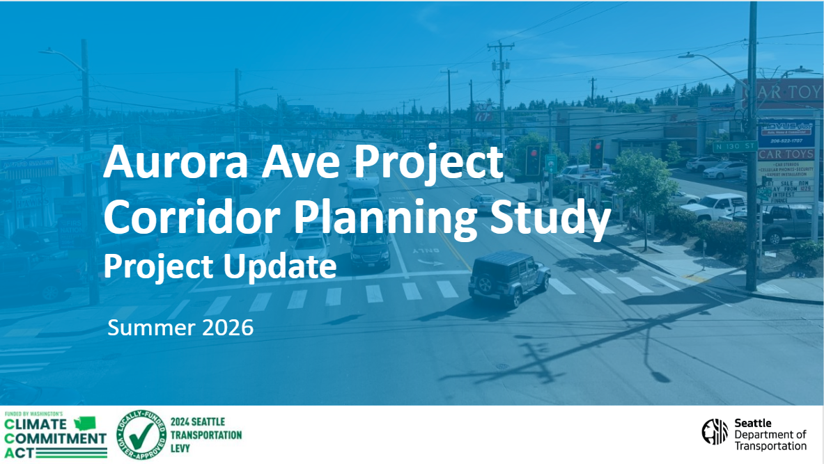 A screenshot image of the title slide of the recorded presentation. The title says "Aurora Ave Project Corridor Study, Project Update, Summer 2026" 