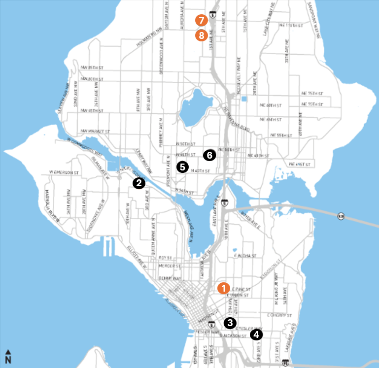 Map of the locations of the pedestrian refuge island locations, with orange and black numbered dots
