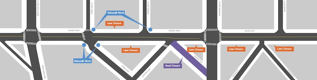 Map showing work areas on Denny Way