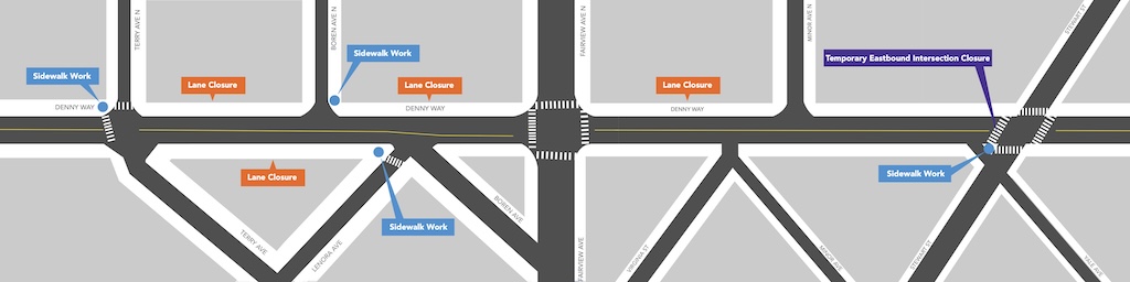 Map showing work areas on Denny Way