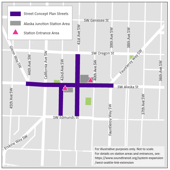 A map showing SW Alaska Street with purple lines on 41st Ave SW from SW Oregon to SW Edmunds St, and a purple line on 42nd Ave SW from SW Alaska Street to SW Edmunds St