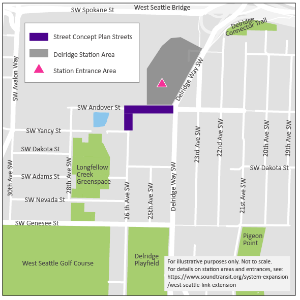 Map showing Delridge Way SW crossing with SW Andover St and a street concept plan street in purple along SW Andover and 26th Ave SW