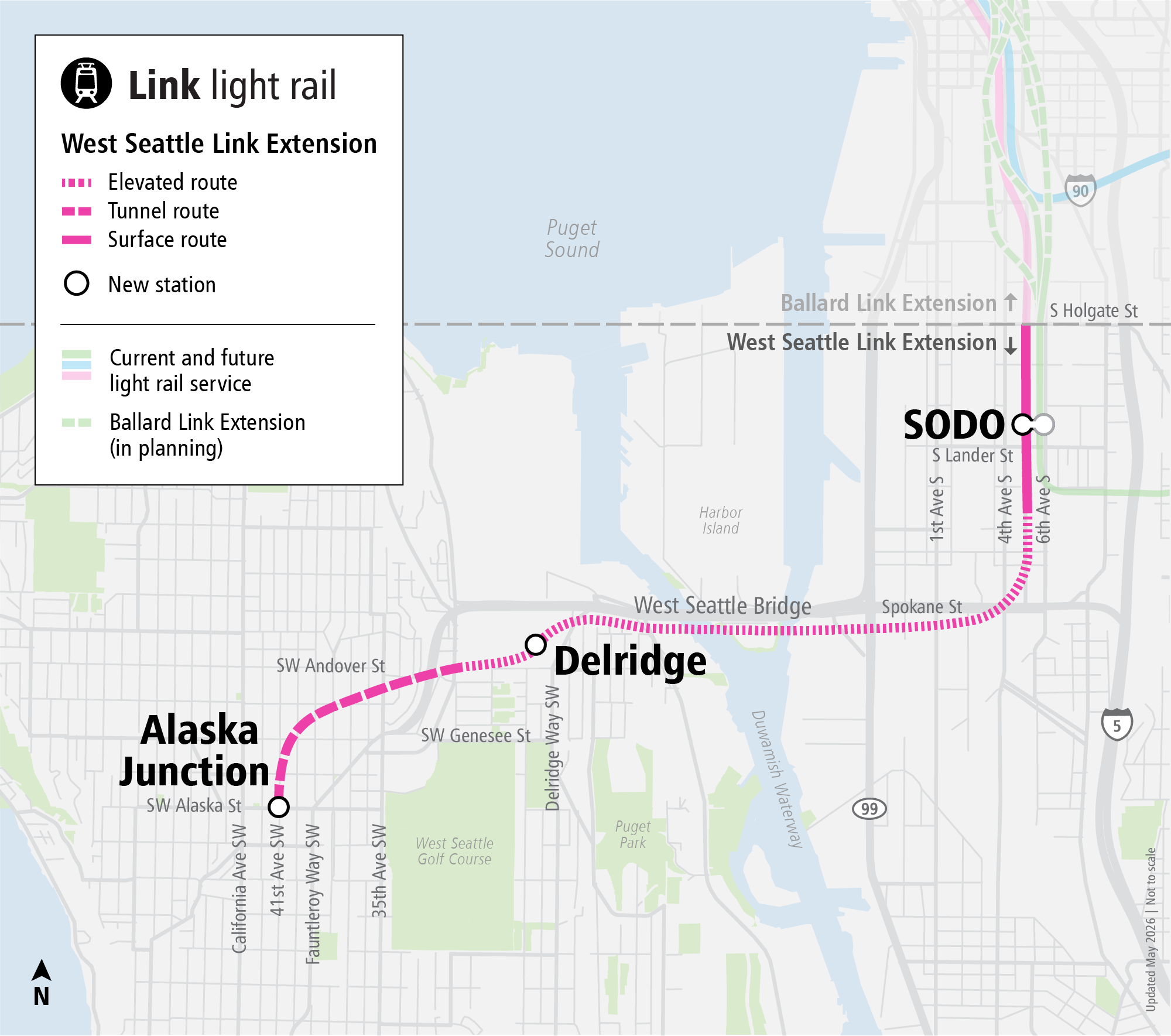A map of the West Seattle Link Extension showing a route running between SODO station, Delridge, and Alaska Junction. The route includes elevated, tunneled, and surface routes.