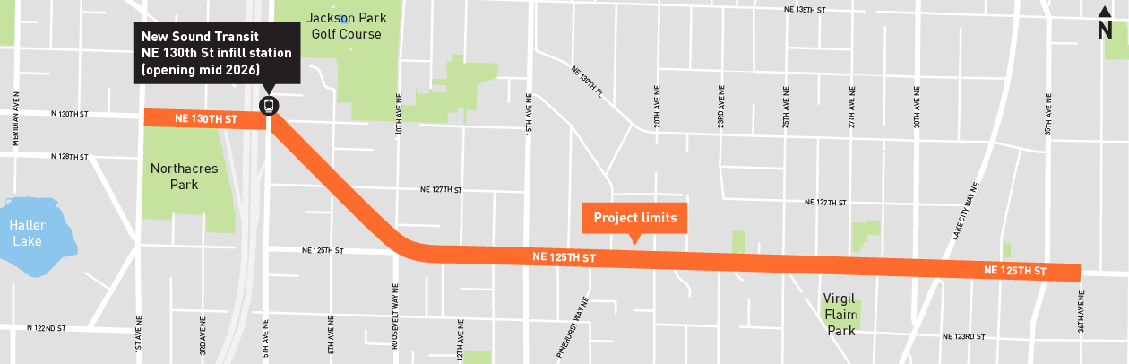 This project map shows the new light rail station and the streets where project elements will be built. The project area starts at NE 130th St and 1st Ave NE, heading southeast along Roosevelt Way NE, and then east along NE 125th St, ending east of Lake City Way NE.