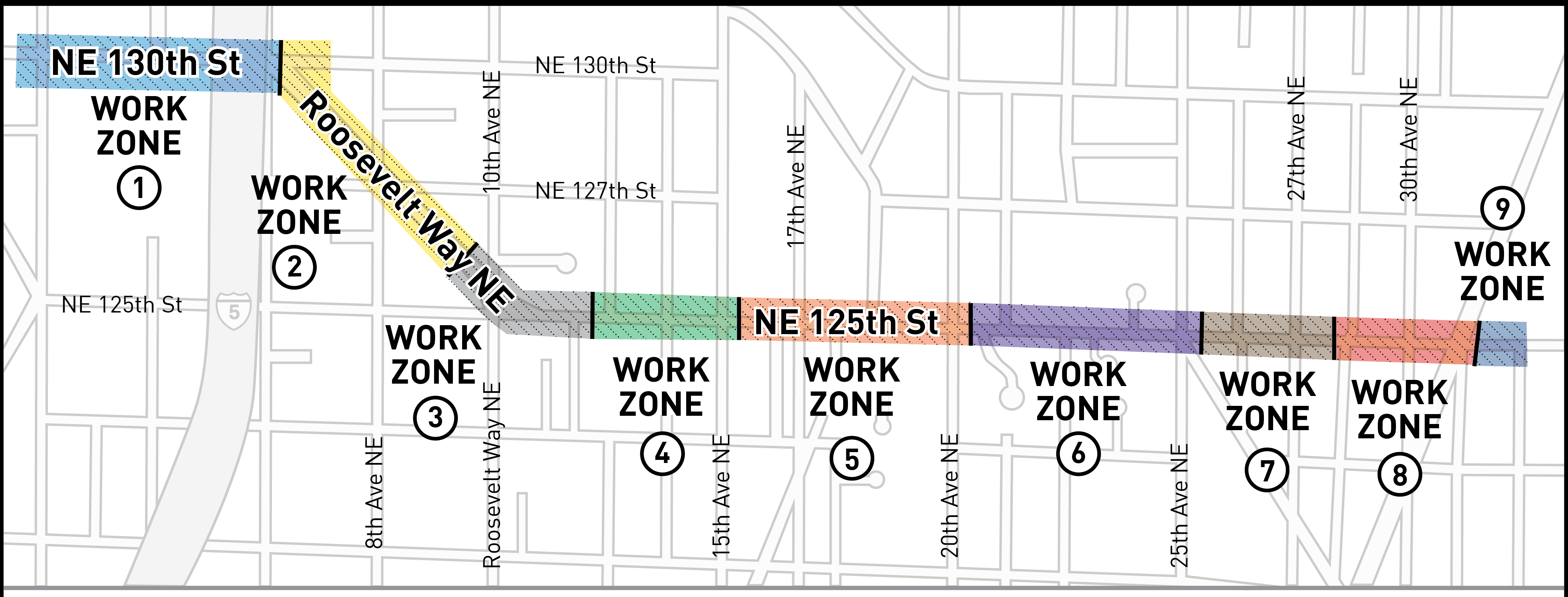 Map showing project work zones. The text below lists the limits of each zone