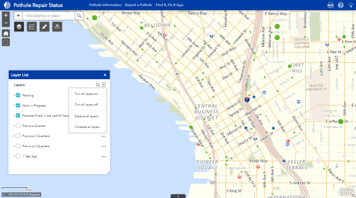 Screenshot of the Pothole Status Map