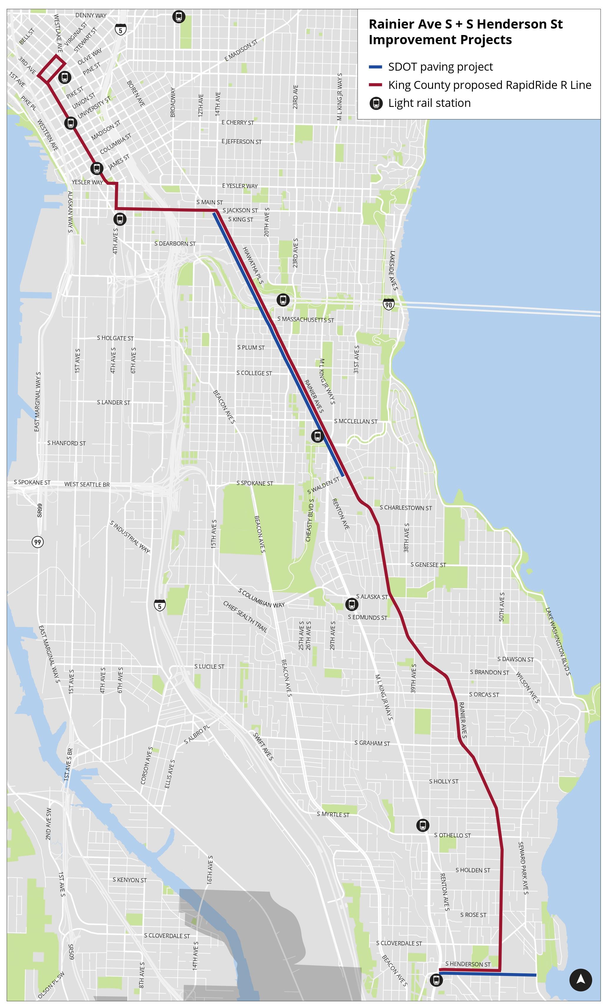 Map showing project area on Rainier Ave S between S Jackson St and S Walden St, and on S Henderson St between MLK Jr Way S and Seward Park Ave S.