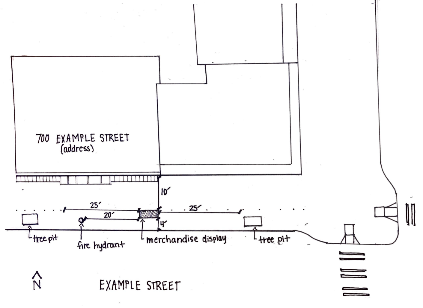 This figure is an example of a hand-drawn site plan showing the merchandise display footprint and key details such as sidewalk fixtures and tree pits and the building. 