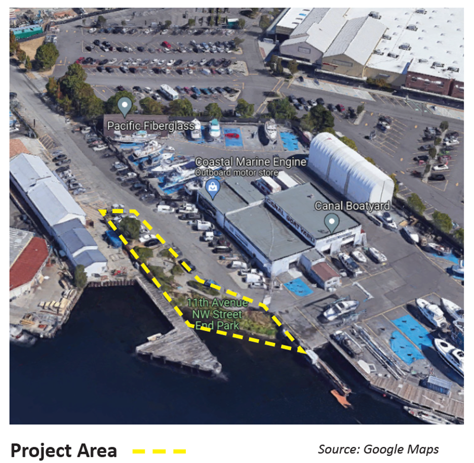 Map of the project area on 11th Avenue Northwest. Teh site area is outlined in a yellow dashed line and located where teh street ends along the Lake Washington Shipping Canal