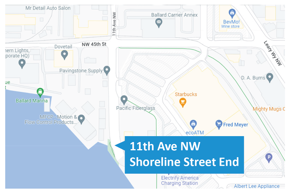 Map of the intersection of 11th Avenue Northwest and Northwest 45th Street. The general site area (indicated with a blue text box) is near the shoreline of the Lake Washington Shipping Canal