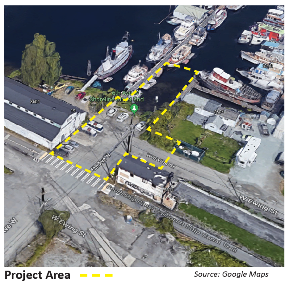 Map of the project area on 6th Avenue West. Site area is outlined in yellow and located where the street ends along the Lake Washington Ship Canal