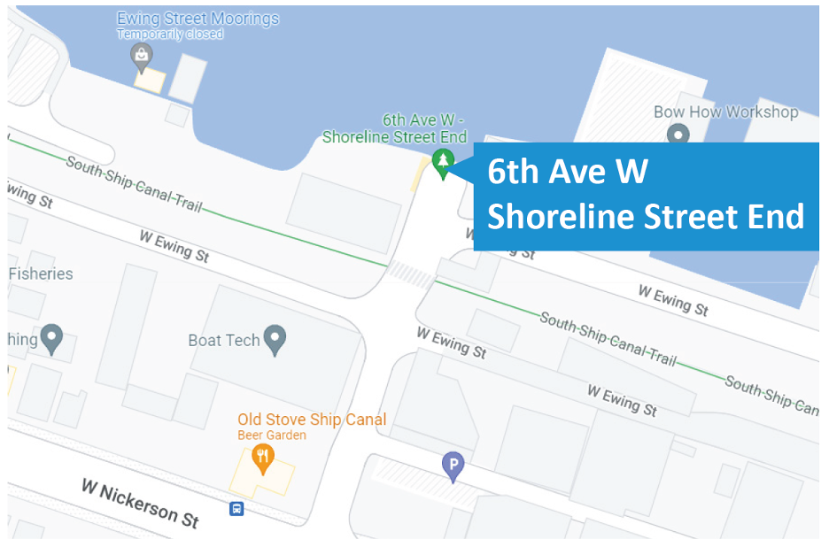 A map of the 6th Ave Shoreline Street End (indicated with a bright blue box), at the intersection of West Ewing Street and Sixth Avenue West. 