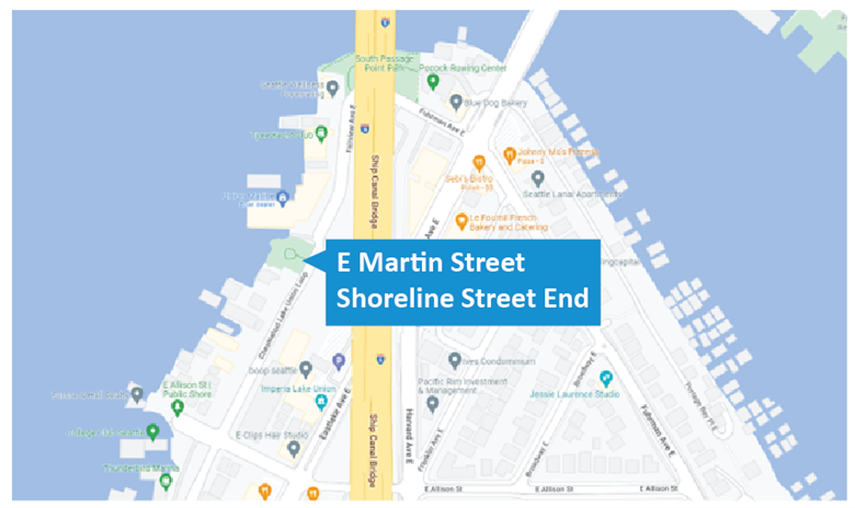 Map of the intersection of East Martin Street and Fairview Avenue East. The general sire area (indicated here with a blue text box) us near the shoreline of Lake Union