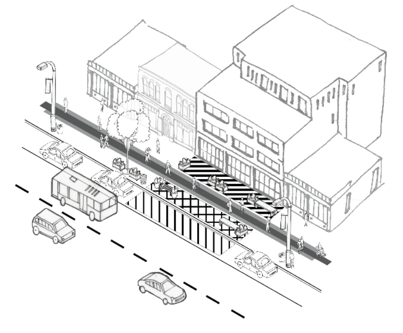 Graphic of a building, curb space with cars, and sidewalk space
