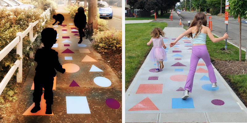 Side by side of a rendering of kids playing on different shapes (circles, squares, and triangles) and real photo of kids playing with the installed design.