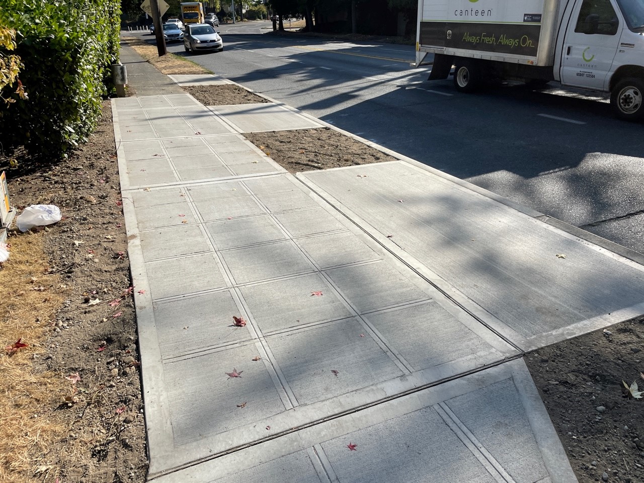 A picture of a sidewalk that has sections that extend all the way to the edge where the sidewalk meets the street. 