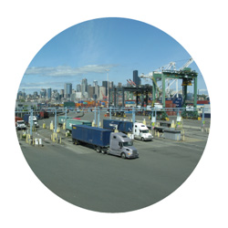 Aerial shot of the Port of Seattle with large freight trucks
