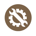 An icon of a gear and a wrench against a brown background