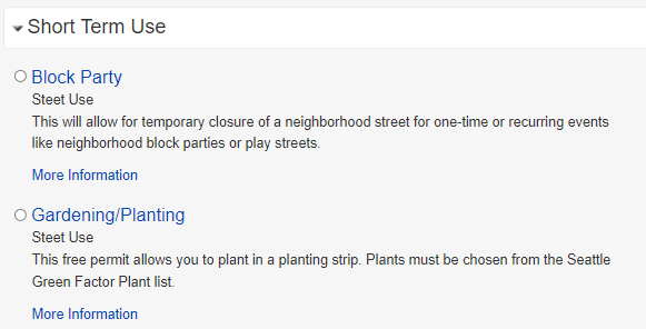 Accela Website showing how to select a Gardening in the ROW Permit