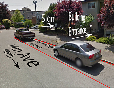 Neighborhood street with cars parked overlaid with callouts indicating the features you'll want to be aware of when placing a portable container