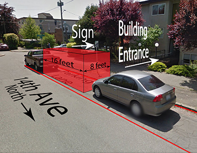 Neighborhood street with cars overlaid with callouts and a diagram of where you can place your portable container