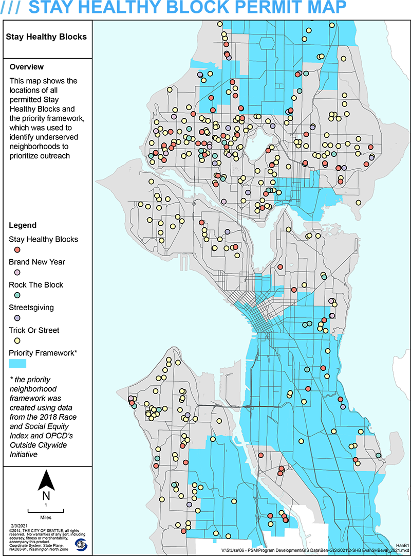 Stay Healthy Block permit map: blue filled areas are priority framework neighborhoods, the different colored dots indicate Stay Healthy Block locations.