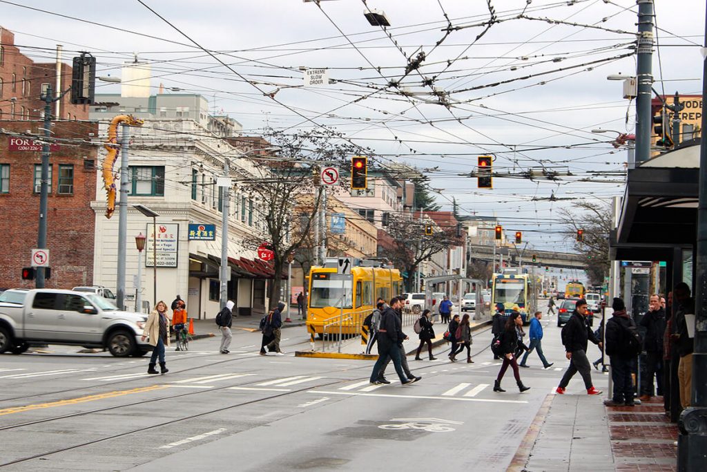 Pedestrians crossing Streetcar tracks