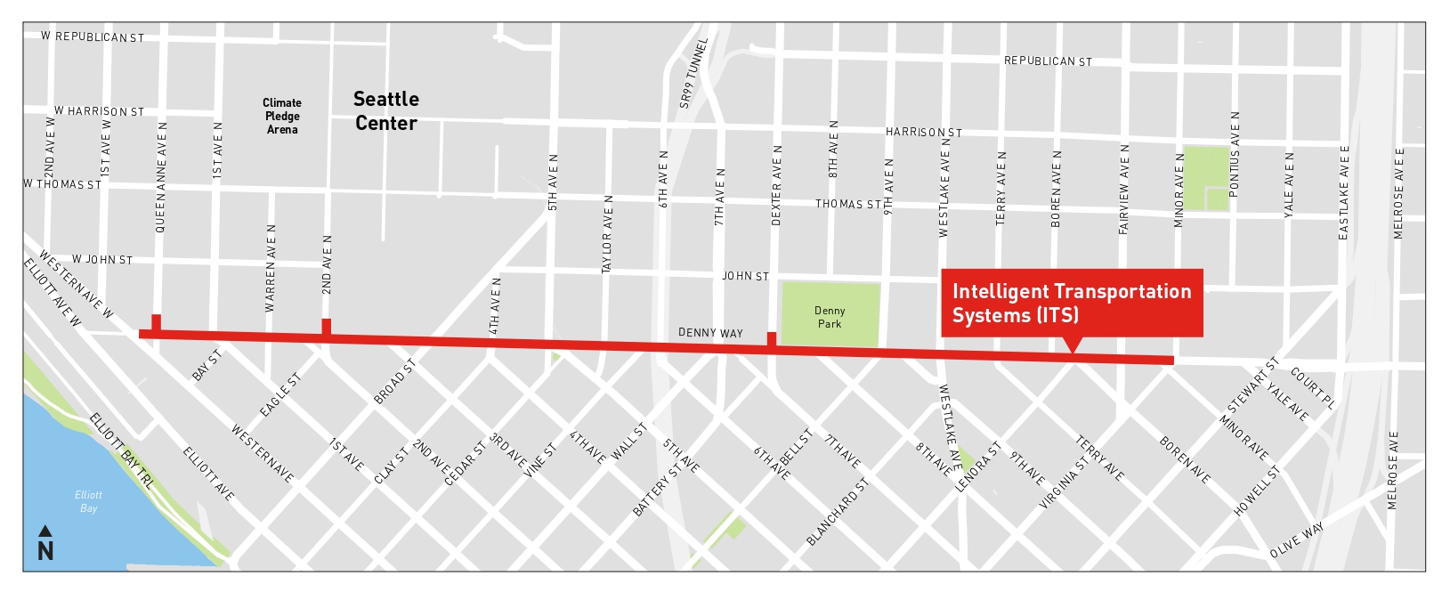 Map showing project area on Denny Way from Western Ave to Minor Ave N.